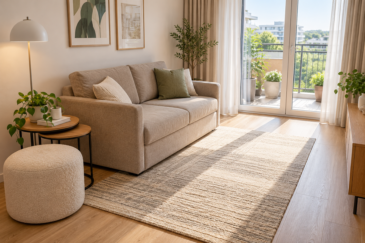 Kompaktowa sofa w małym salonie z wolnym przejściem do balkonu