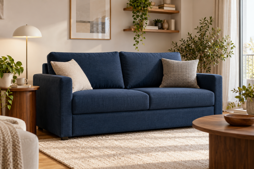 Granatowa sofa w ustawieniu dziennym w jasnym salonie