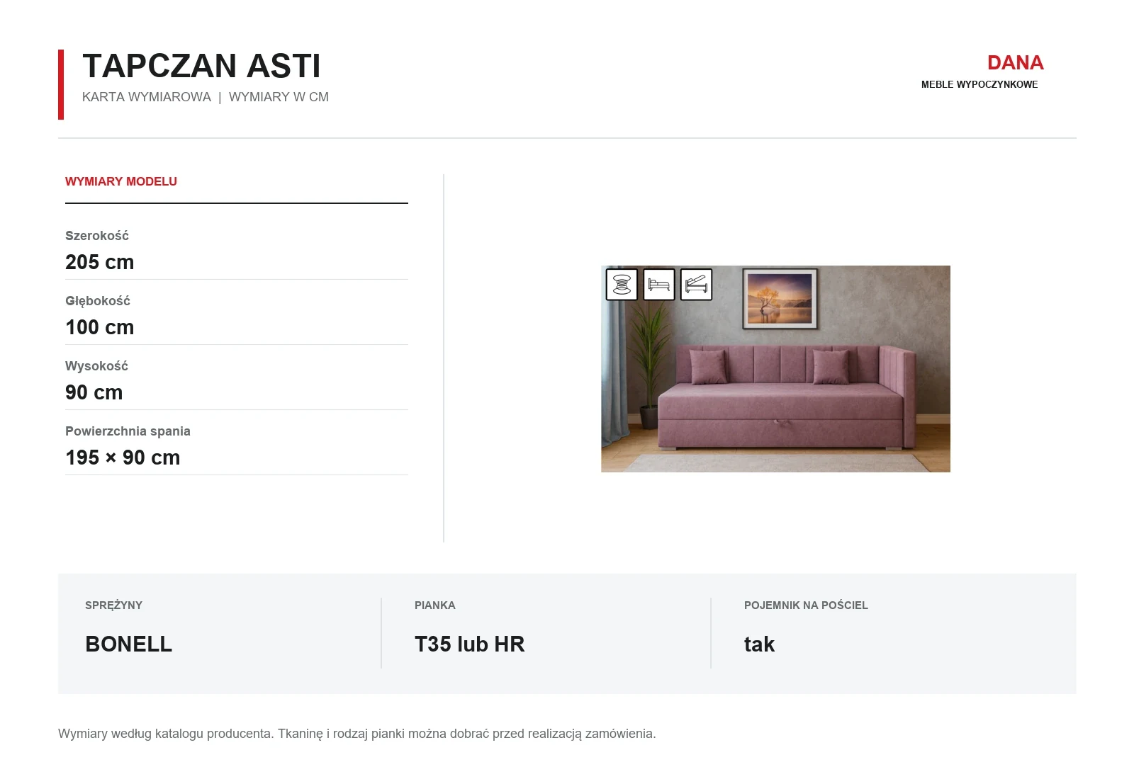 Tapczan ASTI - wymiary