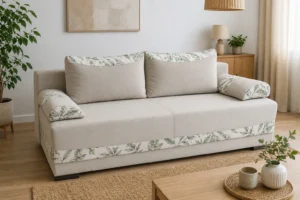 Kanapa MARTA - aranżacja w tkaninie Stone Plain with Sage Botanical Inserts