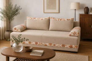 Kanapa MARTA - aranżacja w tkaninie Warm Beige Plain with Terracotta Floral Inserts