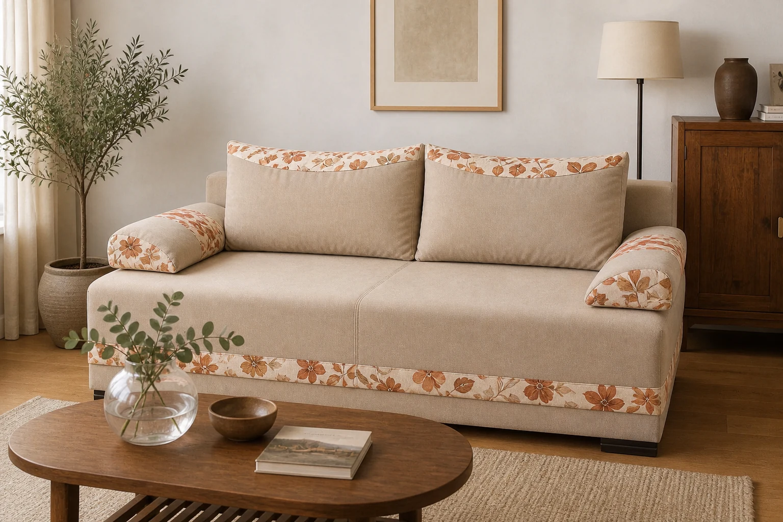 Kanapa MARTA - aranżacja w tkaninie Warm Beige Plain with Terracotta Floral Inserts