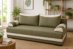 Kanapa MARTA - aranżacja w tkaninie Olive Plain with Cream Jacquard Inserts
