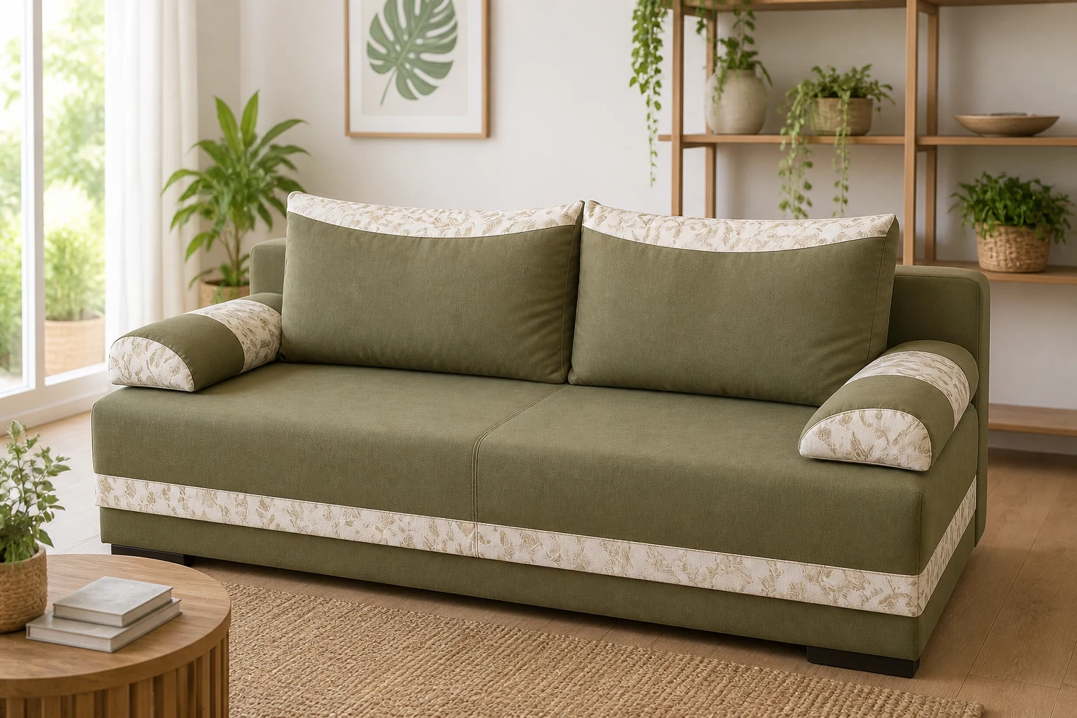 Kanapa MARTA - aranżacja w tkaninie Olive Plain with Cream Jacquard Inserts