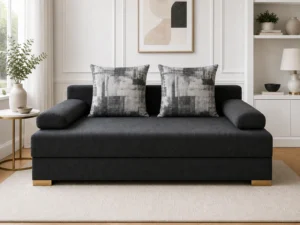 Kanapa POLO - aranżacja w tkaninie Charcoal with Light Gray Abstract Pillows