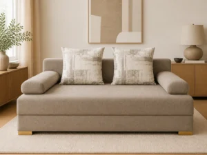 Kanapa POLO - aranżacja w tkaninie Taupe with Cream Graphic Pillows