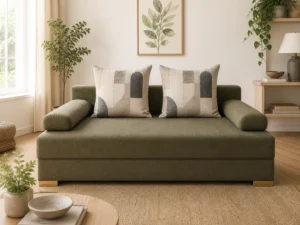 Kanapa POLO - aranżacja w tkaninie Olive with Beige Geometric Pillows