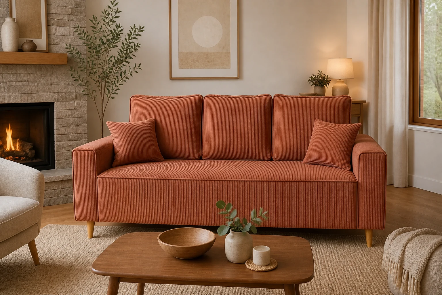 Kanapa POSSO - aranżacja w tkaninie Terracotta Corduroy