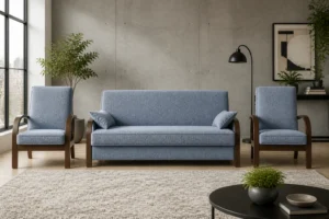Komplet LUX - aranżacja w tkaninie Dusty Blue Boucle
