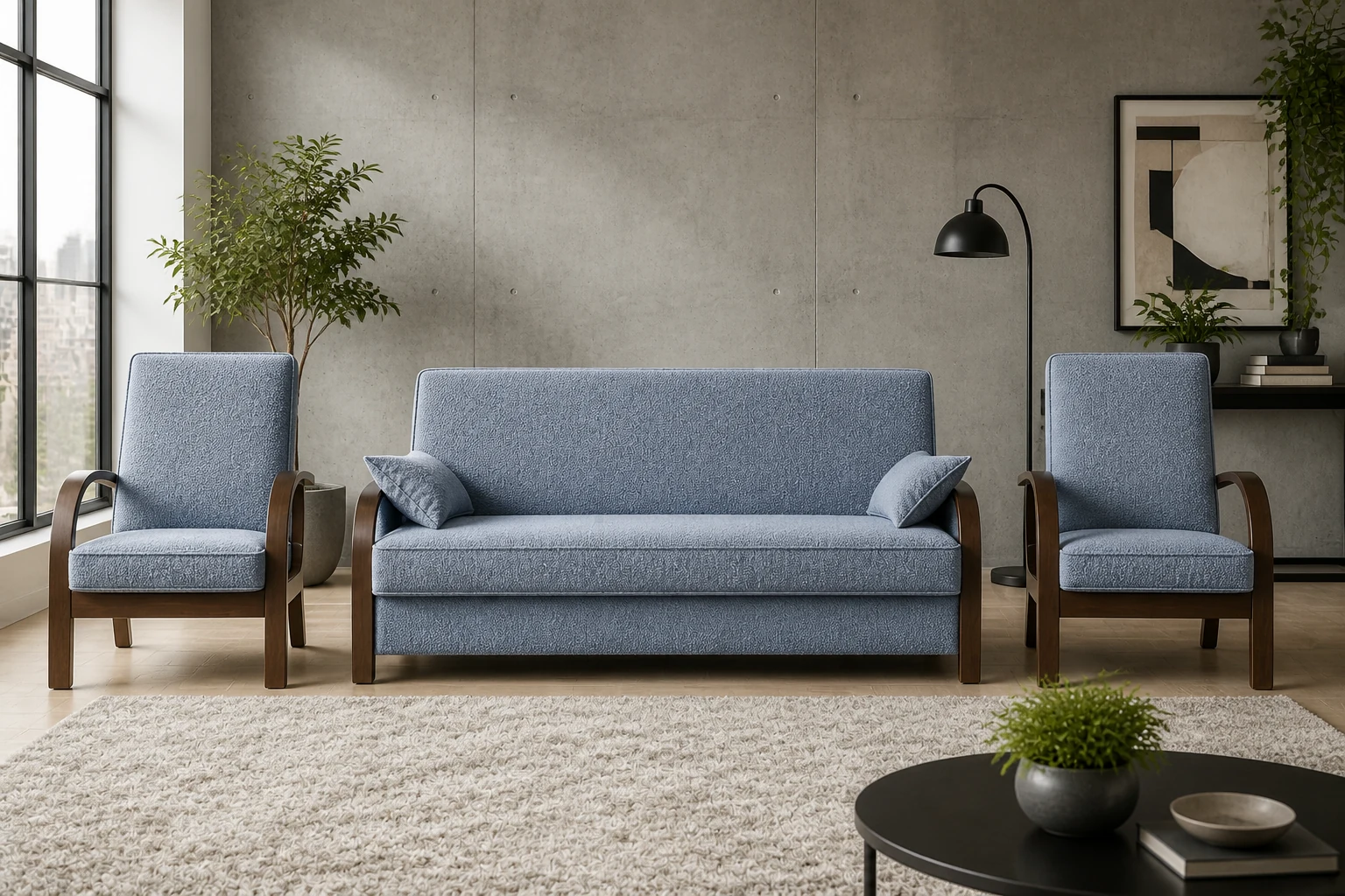 Komplet LUX - aranżacja w tkaninie Dusty Blue Boucle