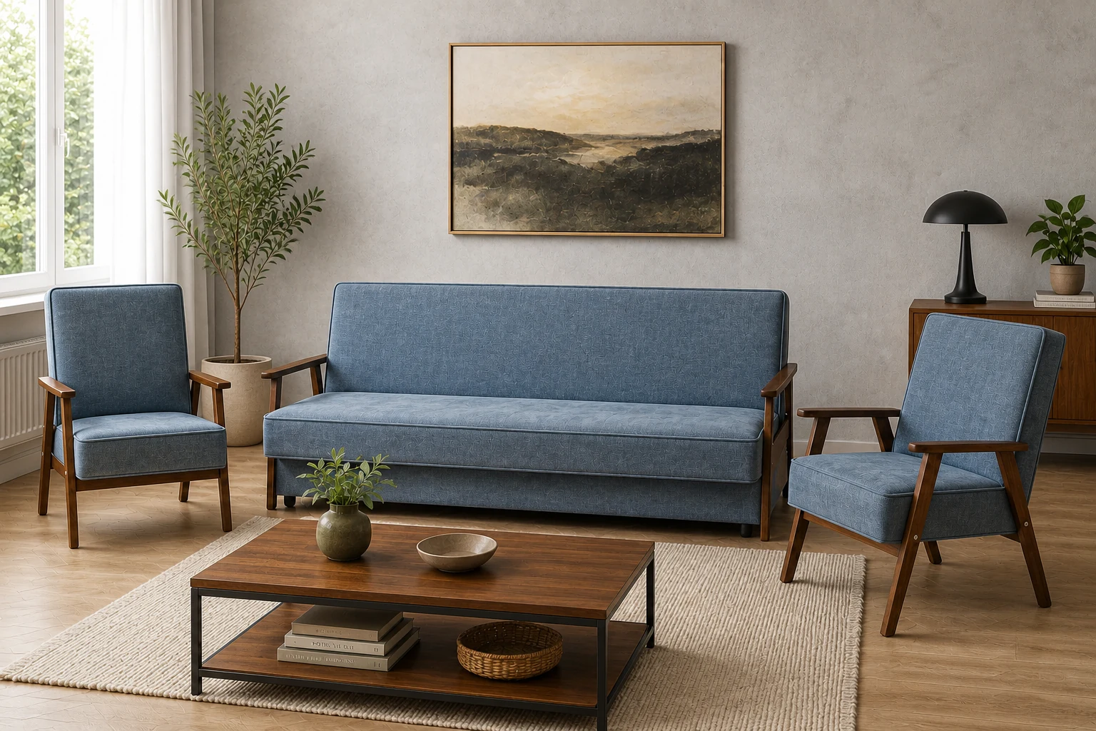 Komplet PRL - aranżacja w tkaninie Dusty Blue Linen