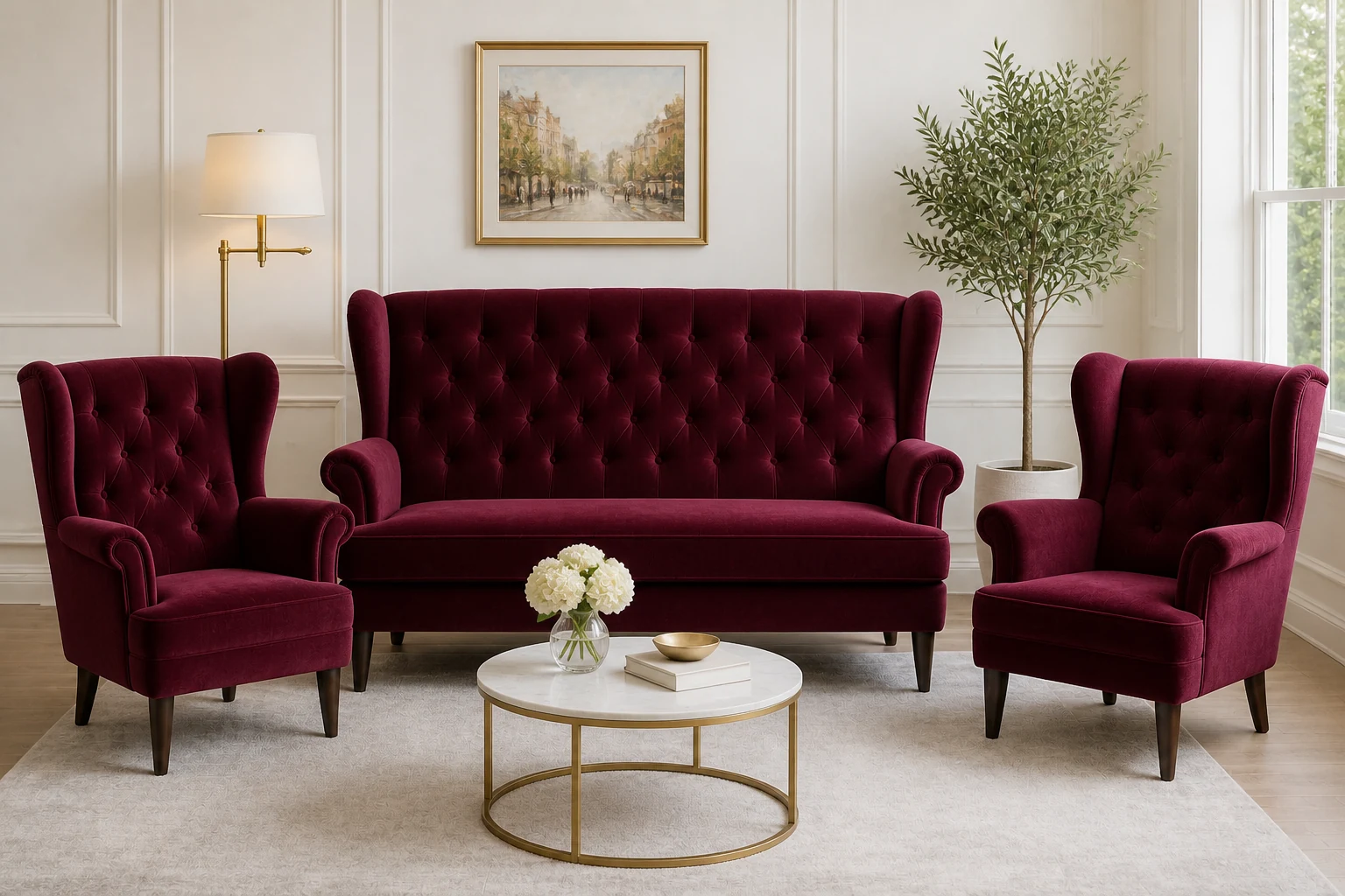 Komplet USZAK 2+1+1 - aranżacja w tkaninie Burgundy Velvet