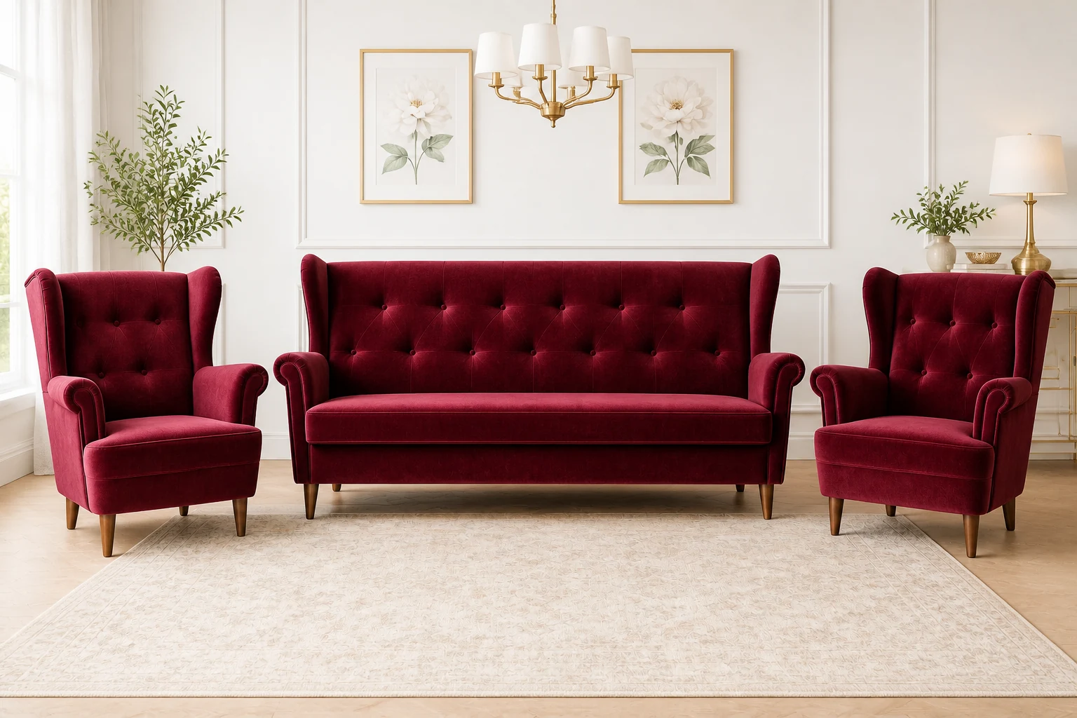 Komplet USZAK 3+1+1 - aranżacja w tkaninie Wine Red Velvet