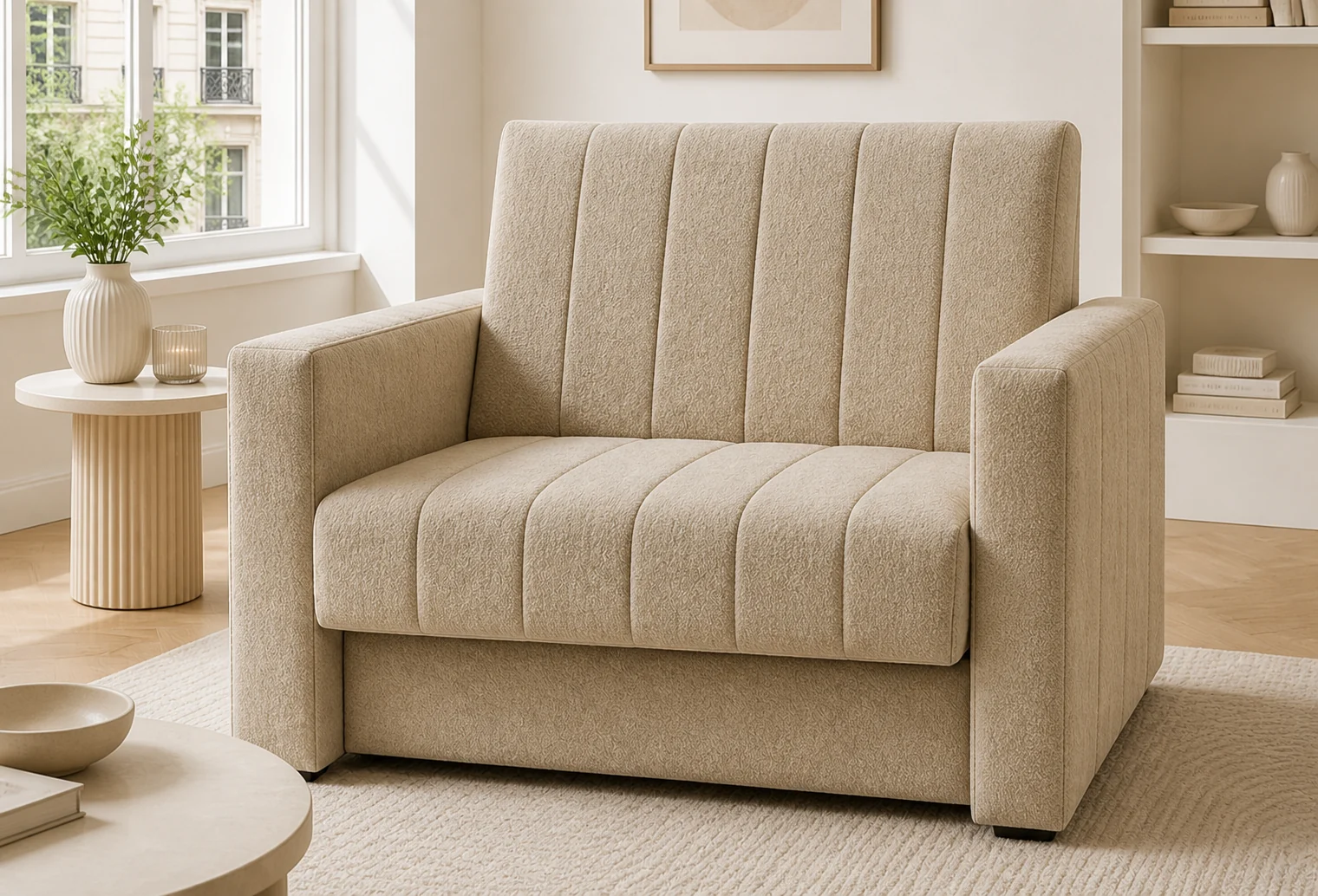 Sofa ARIA - aranżacja w tkaninie warm beige boucle