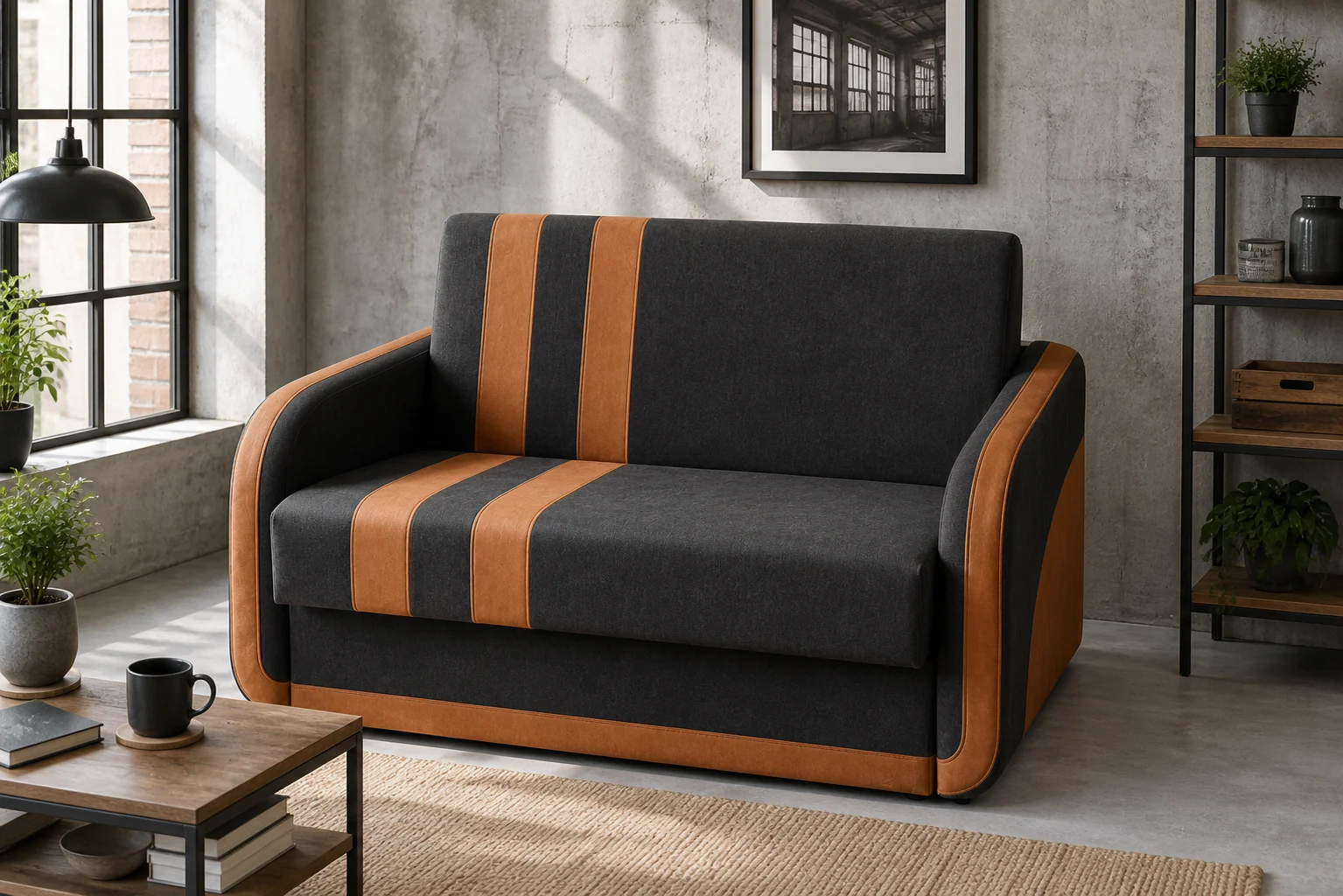 Sofa COMO - aranżacja w tkaninie charcoal caramel two tone