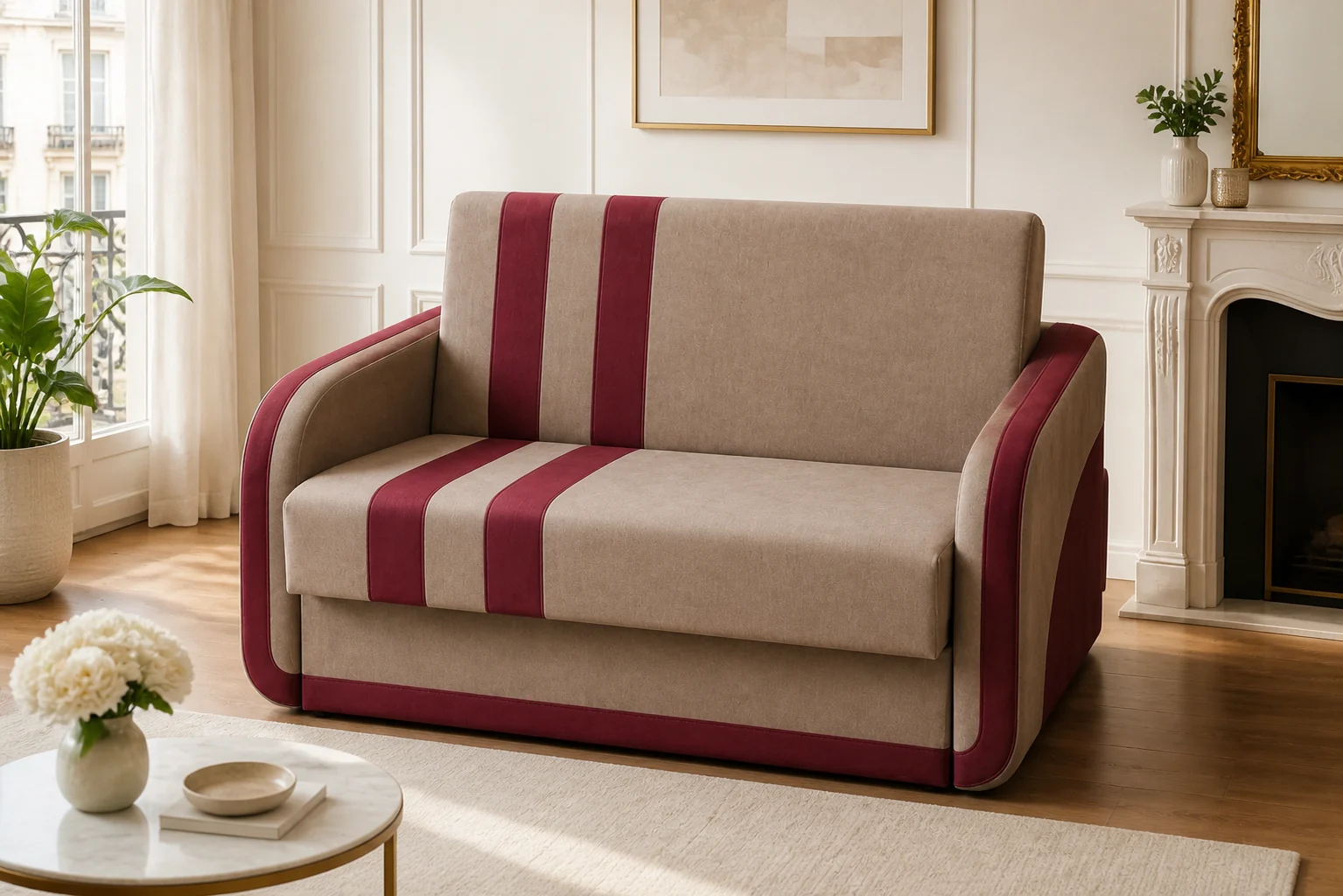 Sofa COMO - aranżacja w tkaninie taupe burgundy two tone