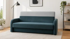 Wersalka KAROL - aranżacja w tkaninie Linen Fog / Velvet Petrol