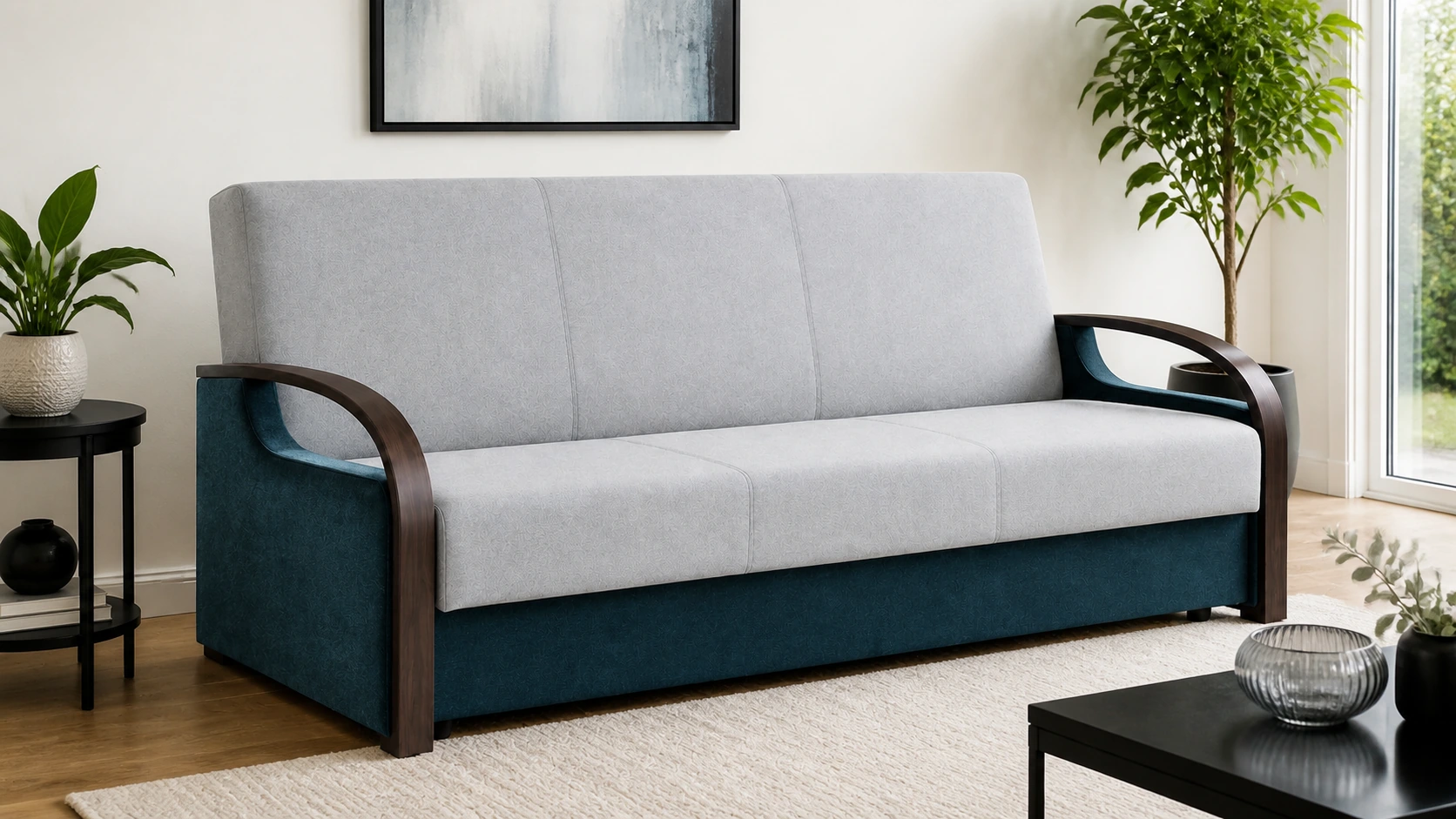 Wersalka OPAL LUX - aranżacja w tkaninie Linen Fog / Velvet Petrol