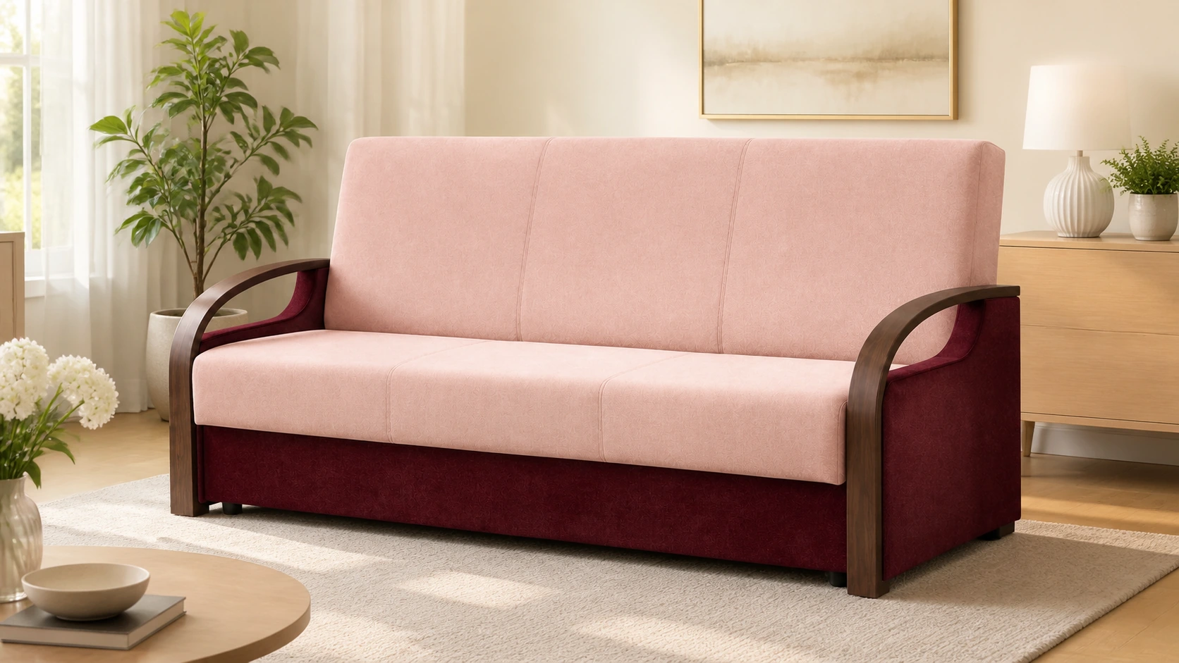 Wersalka OPAL LUX - aranżacja w tkaninie Woven Blush / Velvet Burgundy